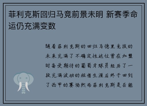 菲利克斯回归马竞前景未明 新赛季命运仍充满变数 菲利克斯回归马竞前景未明 新赛季命运仍充满变数