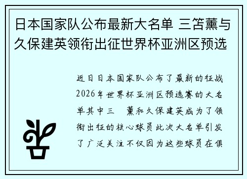 日本国家队公布最新大名单 三笘薰与久保建英领衔出征世界杯亚洲区预选赛